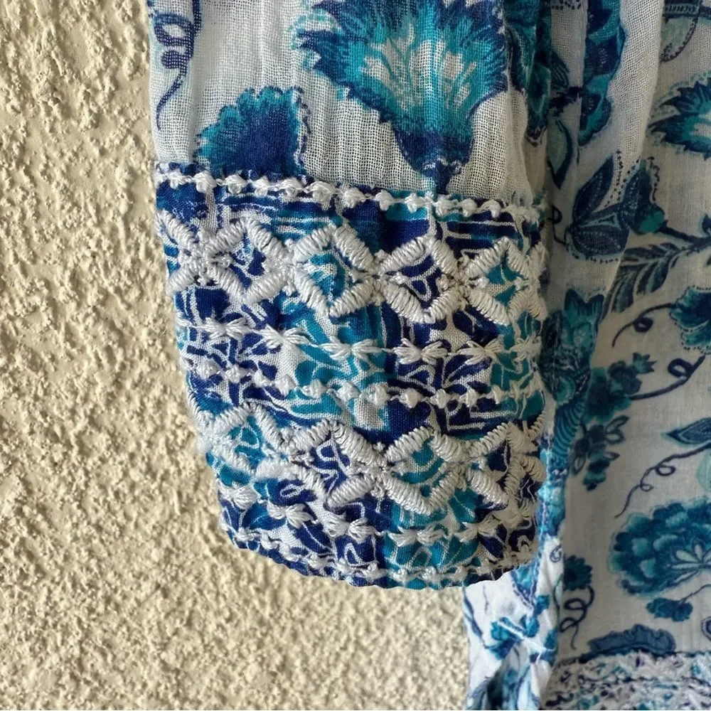 Sigrid Olsen Blue Floral embroidered Tunic Top Crinkle Cotton Boho Sz Small
